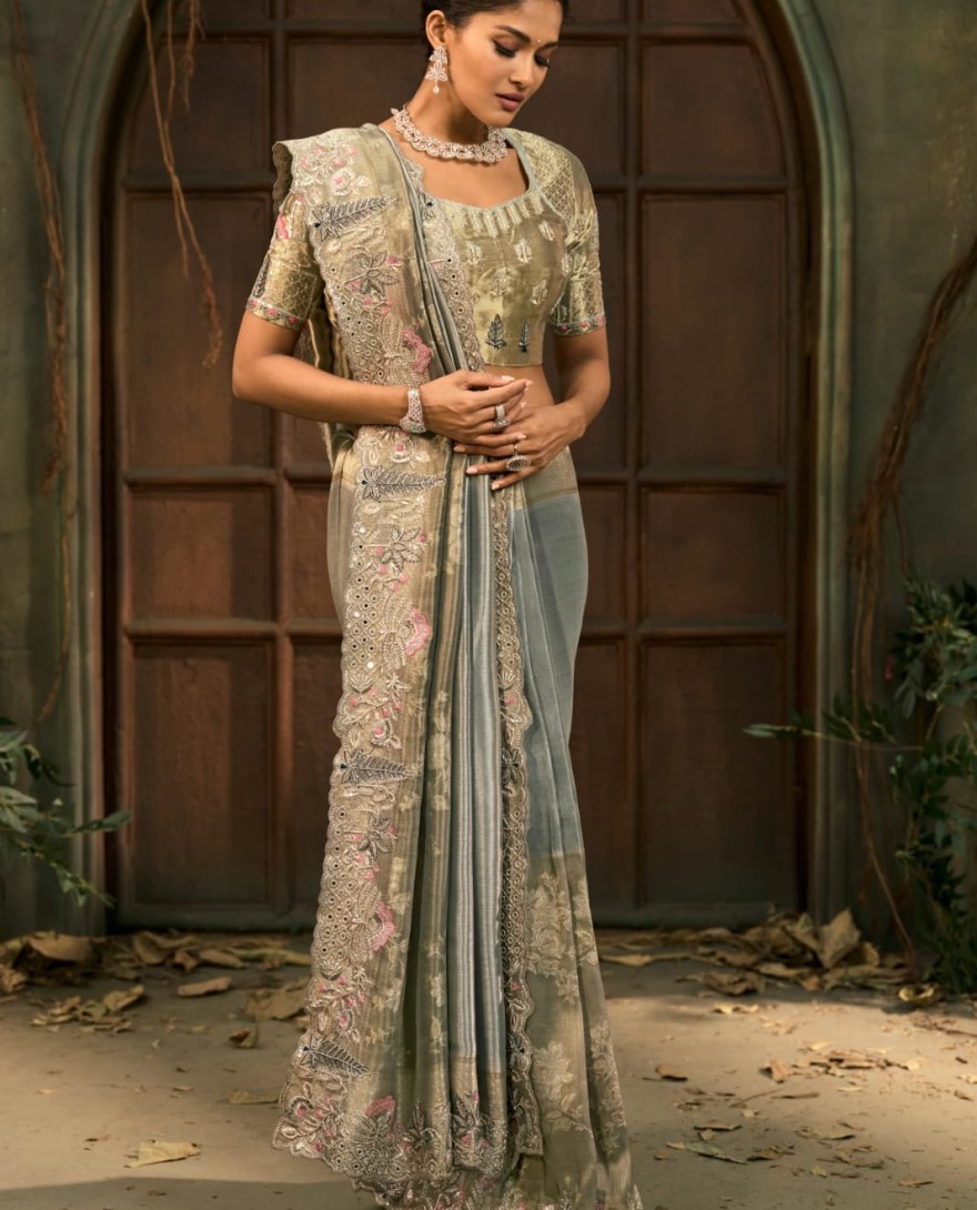 BLUE - Steel Grey and Sage Green Handwork Pure Silk Designer Saree